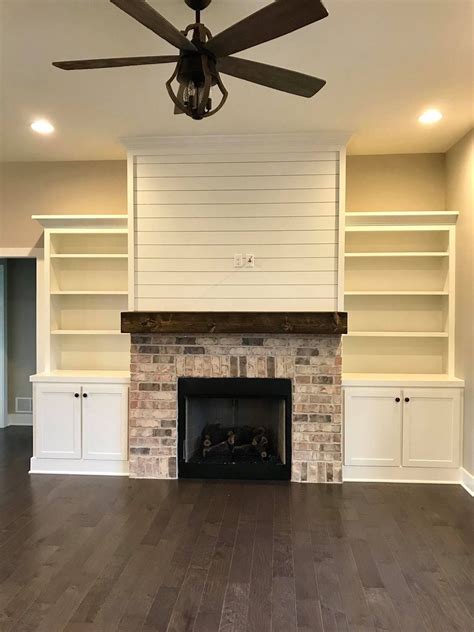 fireplace with shiplap above|shiplap fireplace with built ins.